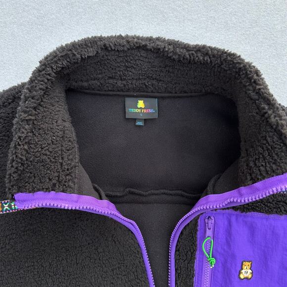 Teddy Fresh Techy Sherpa Jacket fleece zip-up size Large black purple - Picture 9 of 9